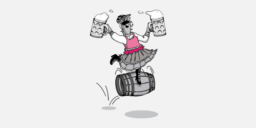 Lilli mit Biergläsern balanciert auf einem Bierfass